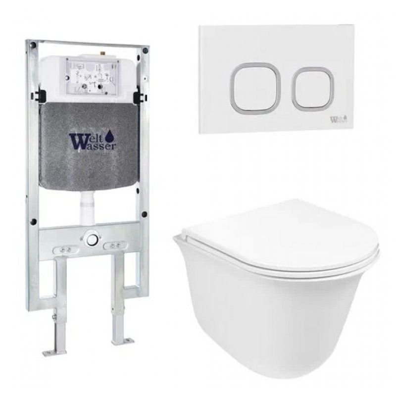 Комплект: Инсталляция, подвесной унитаз и кнопка Welt Wasser AMBERG 497 ST + TELBACH 004 GL-WT + AMBERG RD-WT