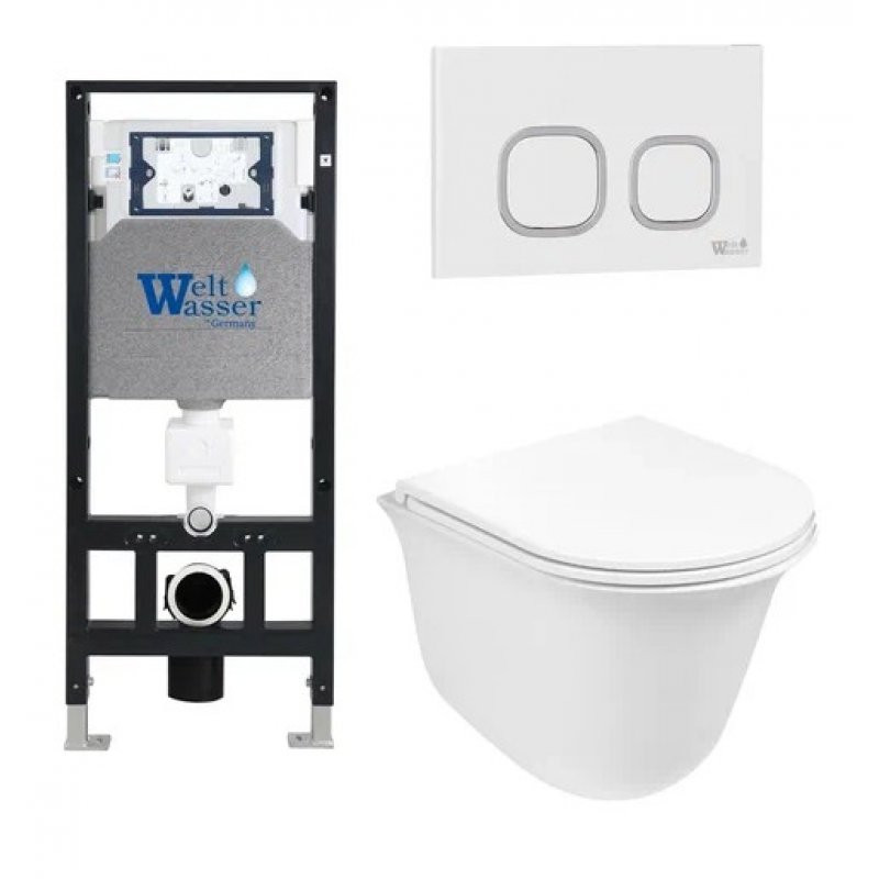 Комплект: Инсталляция, подвесной унитаз и кнопка Welt Wasser AMBERG 506 + TELBACH 004 GL-WT + AMBERG RD-WT