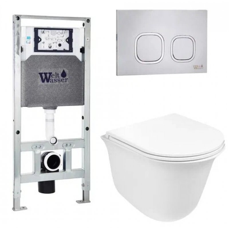Комплект: Инсталляция, подвесной унитаз и кнопка Welt Wasser AMBERG 506 ST + TELBACH 004 GL-WT + AMBERG RD-MT CR