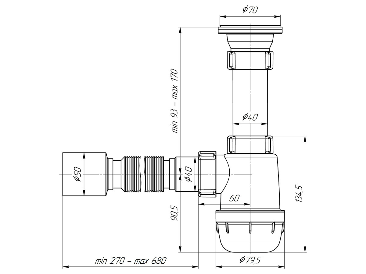Сифон для кухонной мойки АНИ Грот A0110, 1 1/2"*40 с гибкой трубой 40*50мм