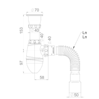 Сифон Unicorn A120 для умывальника, литой выпуск 1 1/2" (Ø40), чашка нержавейка, гибкий отвод Ø40×Ø40/50