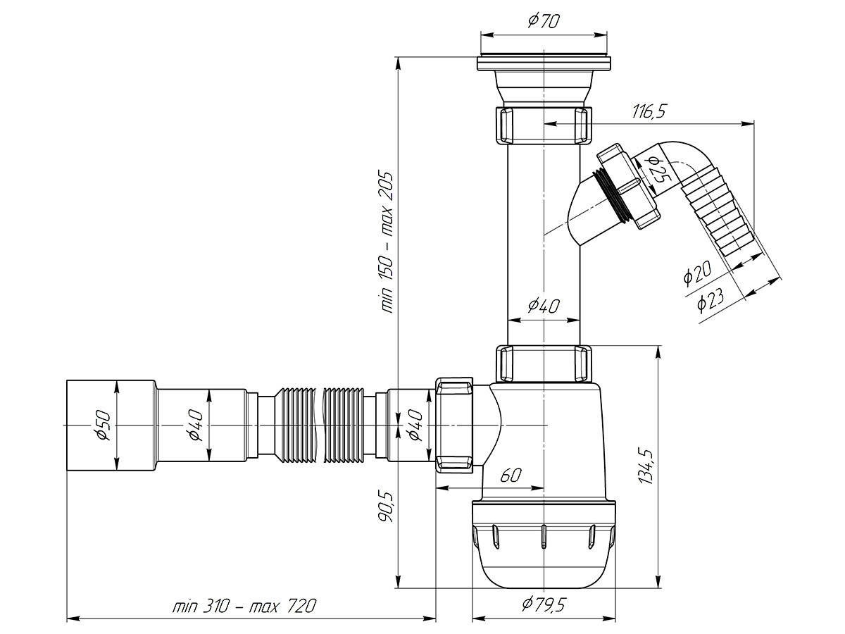Сифон АНИ Грот A1015 1 1/2"*40 с отводом для стиральной машины, с гибкой трубой 40*40/50