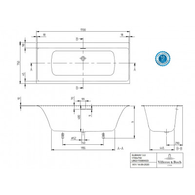Ванна 170x75см Villeroy&Boch Subway 3.0 Stone White, слив Stone White, перелив хром, UBQ170SBW2DV-RW