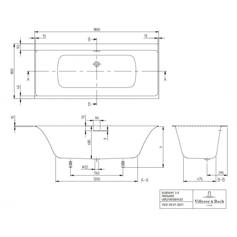 Ванна 180x80см Villeroy&Boch Subway 3.0 Альпийский белый, слив белый, перелив хромированный, UBQ180SBW2DV-01