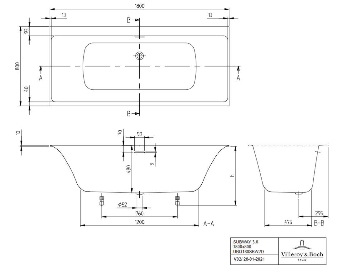 Ванна 180x80см Villeroy&Boch Subway 3.0 Альпийский белый, слив белый, перелив хромированный, UBQ180SBW2DV-01