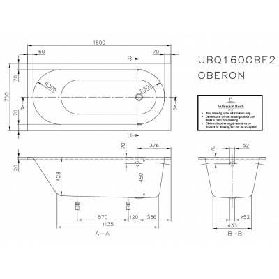 Ванна 160x75см Villeroy&Boch Oberon Альпийский белый, с ножками, UBQ160OBE2V-01