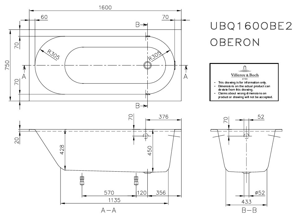 Ванна 160x75см Villeroy&Boch Oberon Альпийский белый, с ножками, UBQ160OBE2V-01