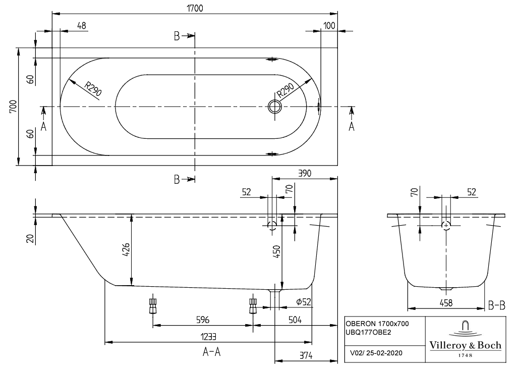 Ванна 170x70см Villeroy&Boch Oberon Альпийский белый, с ножками, UBQ177OBE2V-01