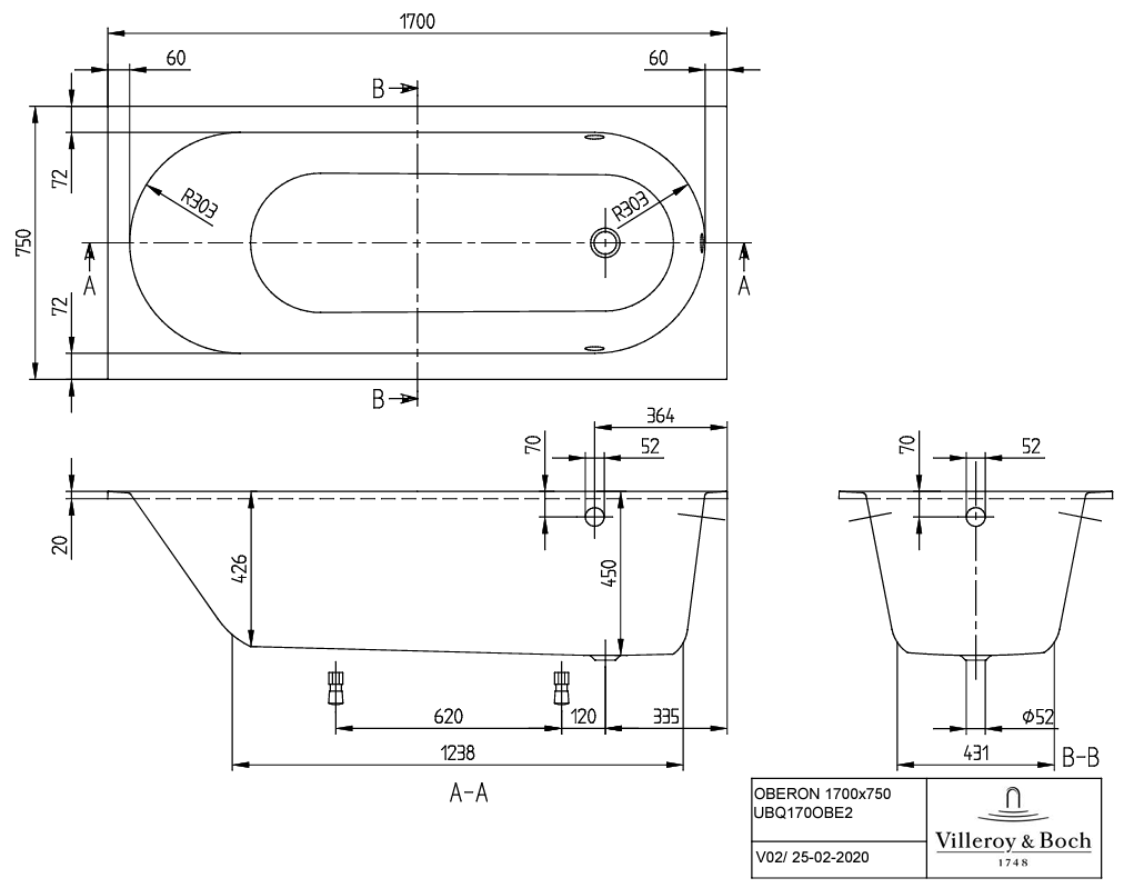 Ванна 170x75см Villeroy&Boch Oberon Альпийский белый, с ножками, UBQ170OBE2V-01