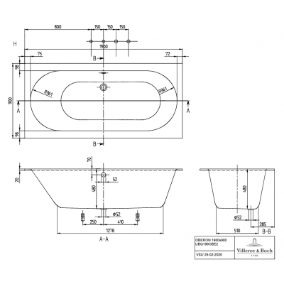 Ванна 190x90см Villeroy&Boch Oberon Stone White, с ножками, UBQ199OBE2V-RW