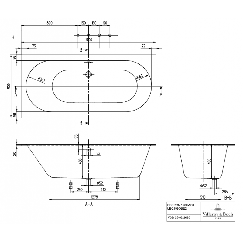 Ванна 190x90см Villeroy&Boch Oberon Stone White, с ножками, UBQ199OBE2V-RW