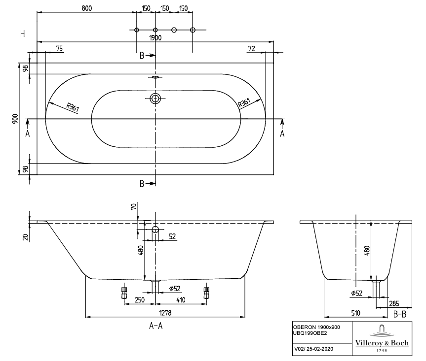 Ванна 190x90см Villeroy&Boch Oberon Stone White, с ножками, UBQ199OBE2V-RW