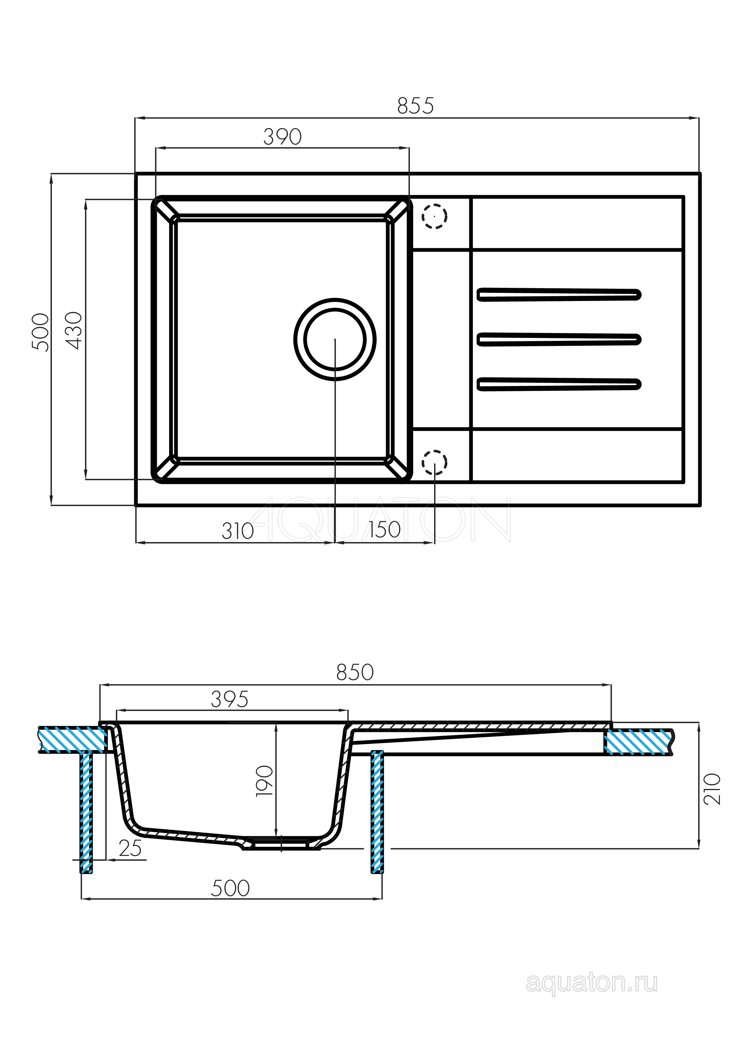 Мойка для кухни из литого мрамора кофе 50х86см AQUATON Верона 1A710032VR280