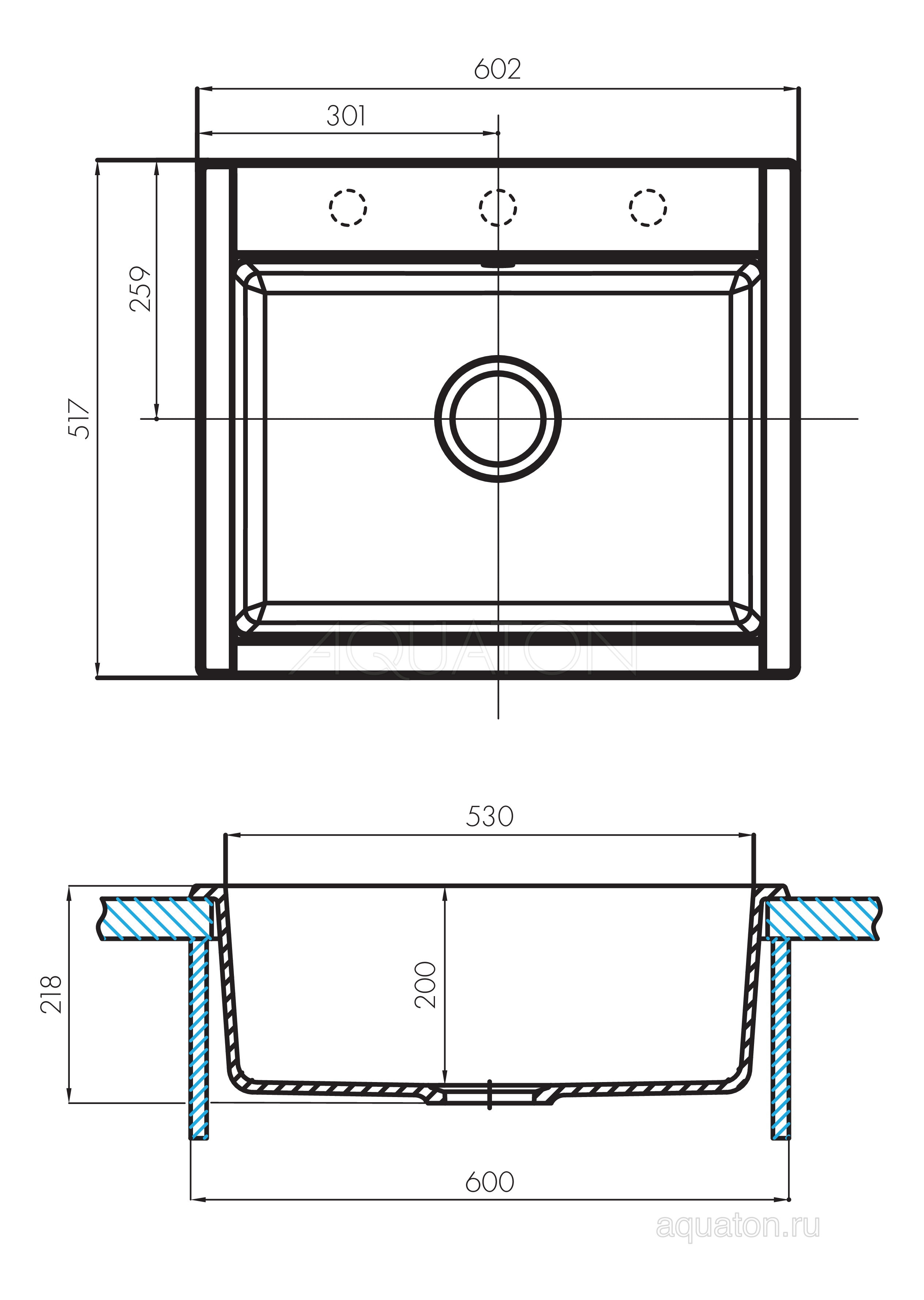 Мойка для кухни из литого мрамора песочная 51х60см AQUATON Делия 1A715232LD220