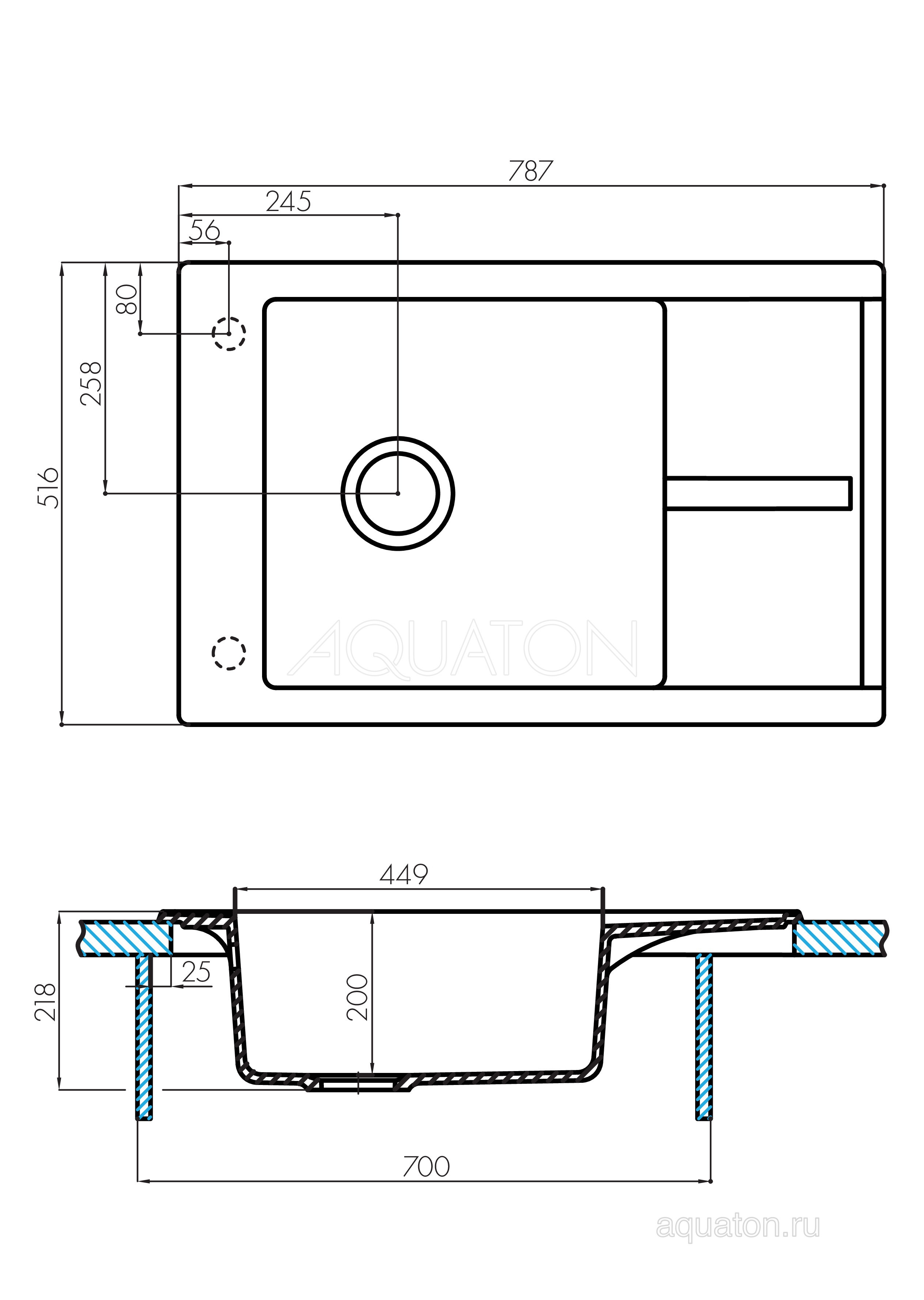 Мойка для кухни из литого мрамора серая 51х78см AQUATON Делия 1A715132DE230