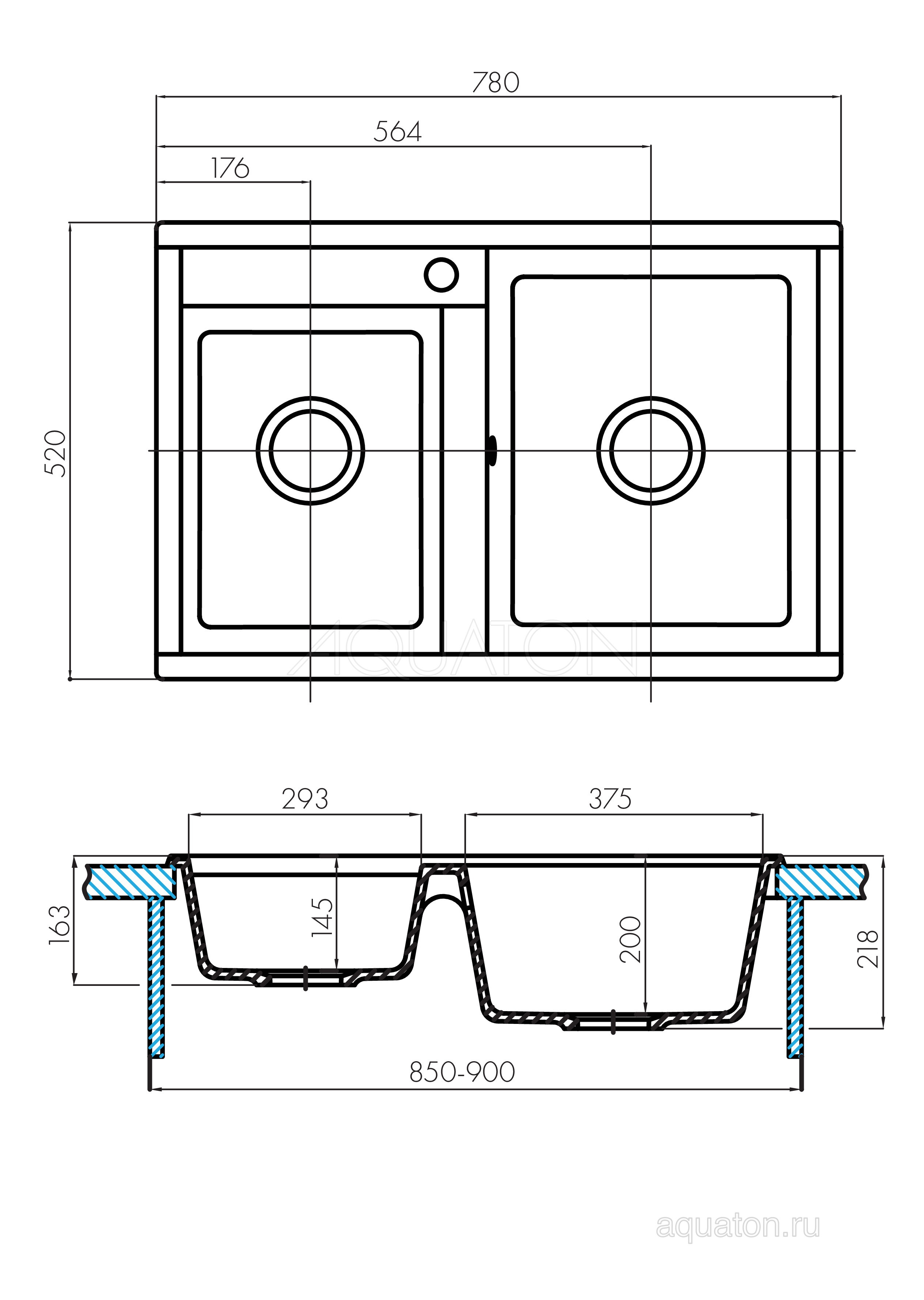 Мойка для кухни из литого мрамора 2 чаши серая 52х78см AQUATON Делия 1A723132DE230