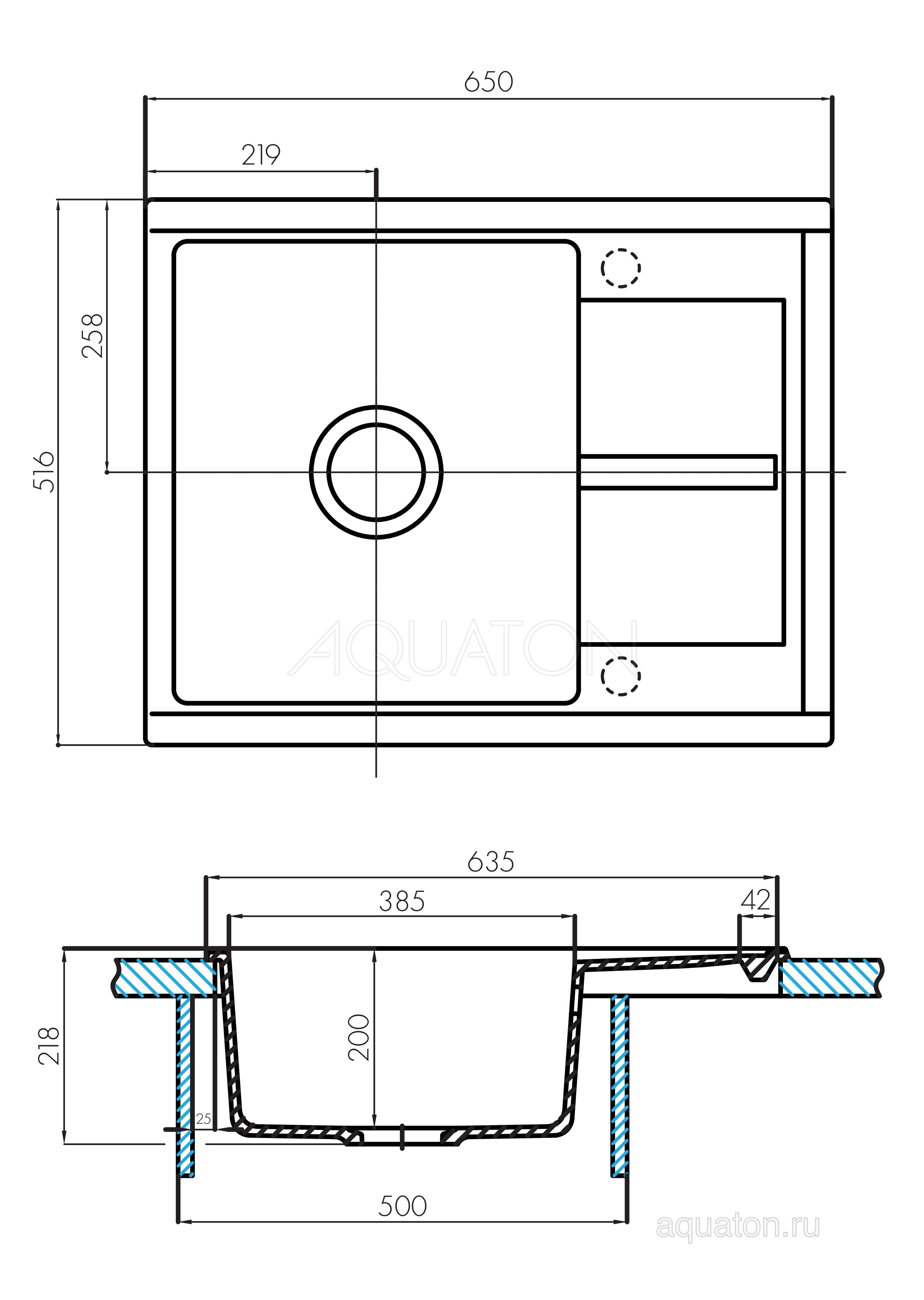 Мойка для кухни из литого мрамора серая 52х65см AQUATON Делия 1A718632DE230