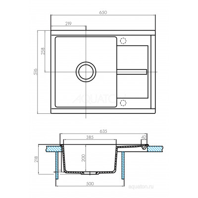 Мойка для кухни из литого мрамора серый шелк 52х65см AQUATON Делия 1A718632DE250