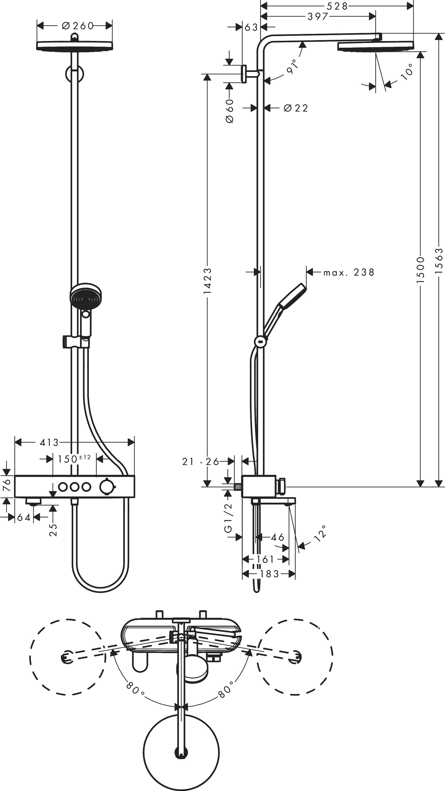 Душевая система для ванны Hansgrohe Pulsify S Showerpipe 260 1jet с термостатом для ванны ShowerTablet 400, хром, 24230000