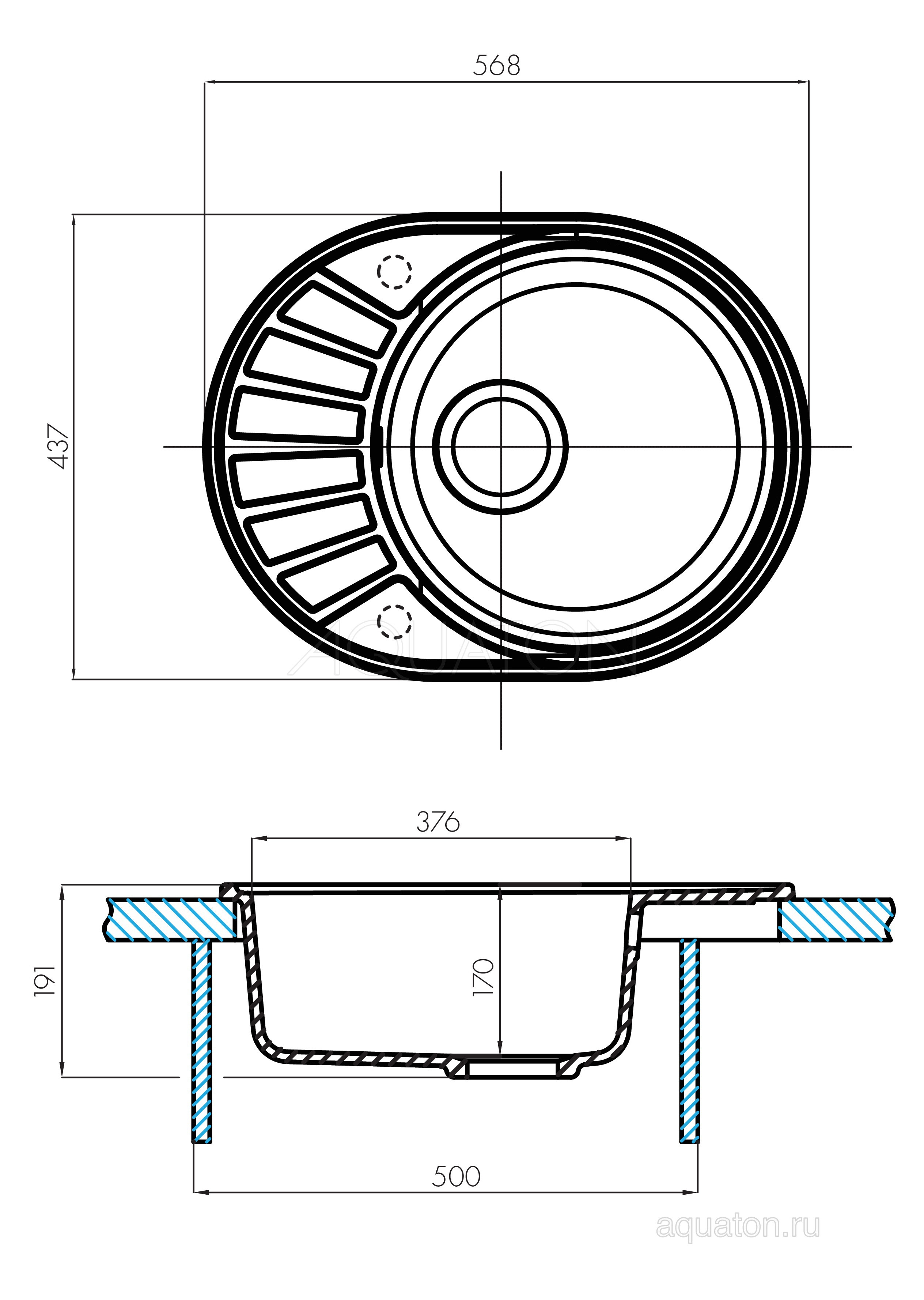 Мойка для кухни из литого мрамора серая 44х57см AQUATON Чезана 1A711232CS230
