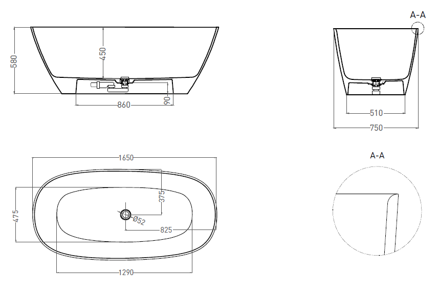 Отдельностоящая ванна Salini SOFIA LIGHT 165x75 S-Sense, глянцевая, белая, без перелива, с сифоном и донным клапаном, 103611G