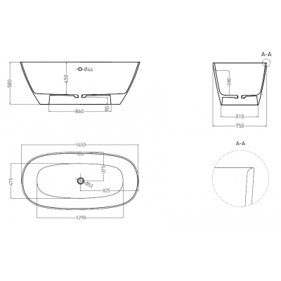 Отдельностоящая ванна Salini SOFIA LIGHT 165x75 S-Sense, глянцевая, белая, с отверстием перелива, 103611G