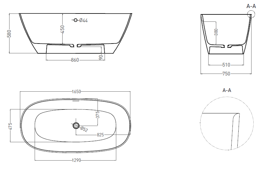 Отдельностоящая ванна Salini SOFIA LIGHT 165x75 S-Sense, глянцевая, белая, с отверстием перелива, 103611G