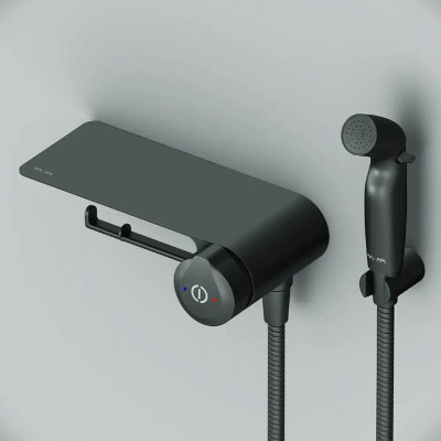 Смеситель с гигиеническим душем и полкой черный Am.pm X-Joy F0H85A822