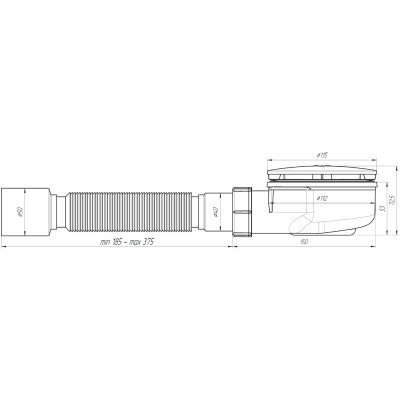 Сифон АНИ E355C для душевого поддона 1 1/2"*90, h 53 мм с переходной трубой 375*40/50, хром