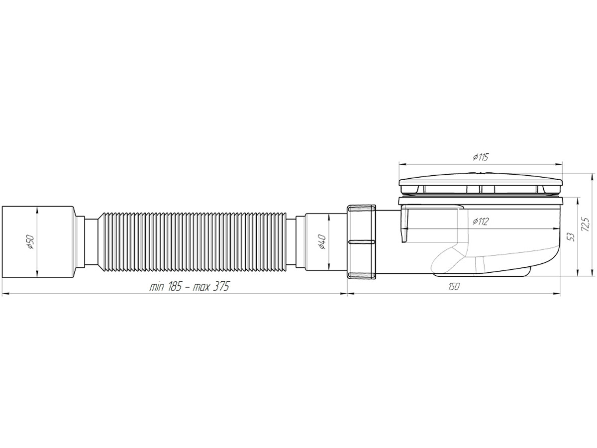Сифон АНИ E355C для душевого поддона 1 1/2"*90, h 53 мм с переходной трубой 375*40/50, хром