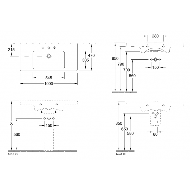 Раковина на тумбу 100x48x18см Villeroy&Boch Subway 2.0, Альпийский белый CeramicPlus, с переливом, 1 + 2 намеченных отв.