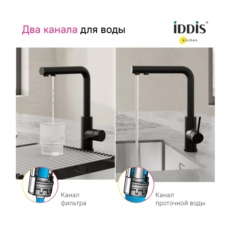 Смеситель IDDIS Rule для кухни c подключением к фильтру, черный матовый, RULBLLFi05
