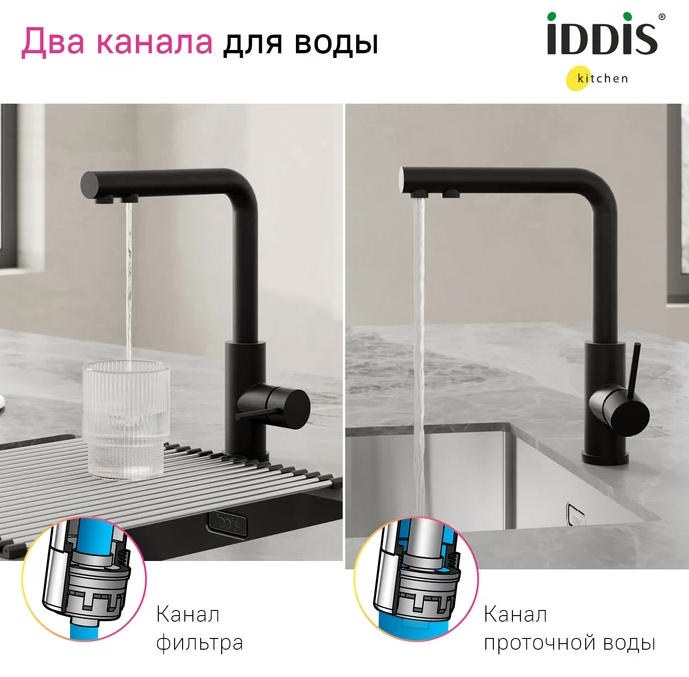 Смеситель IDDIS Rule для кухни c подключением к фильтру, черный матовый, RULBLLFi05