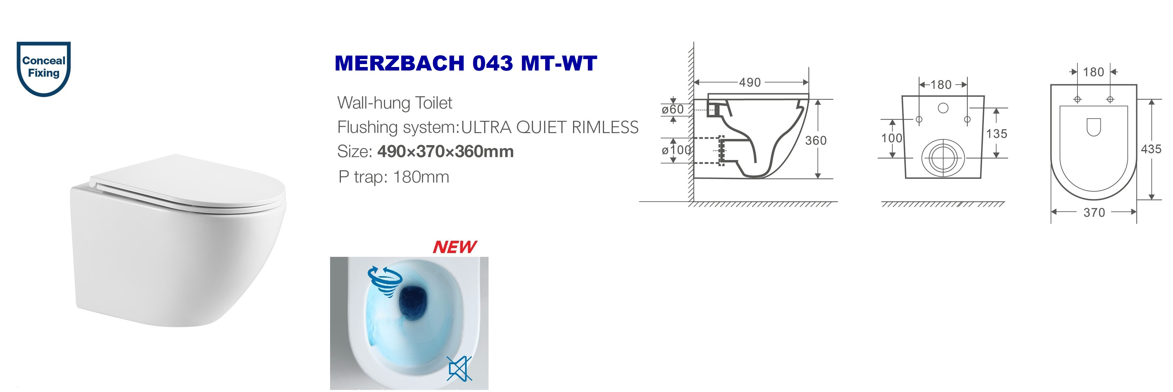 Приставной безободковый унитаз, Welt Wasser, WW MERZBACH 002MT-WT