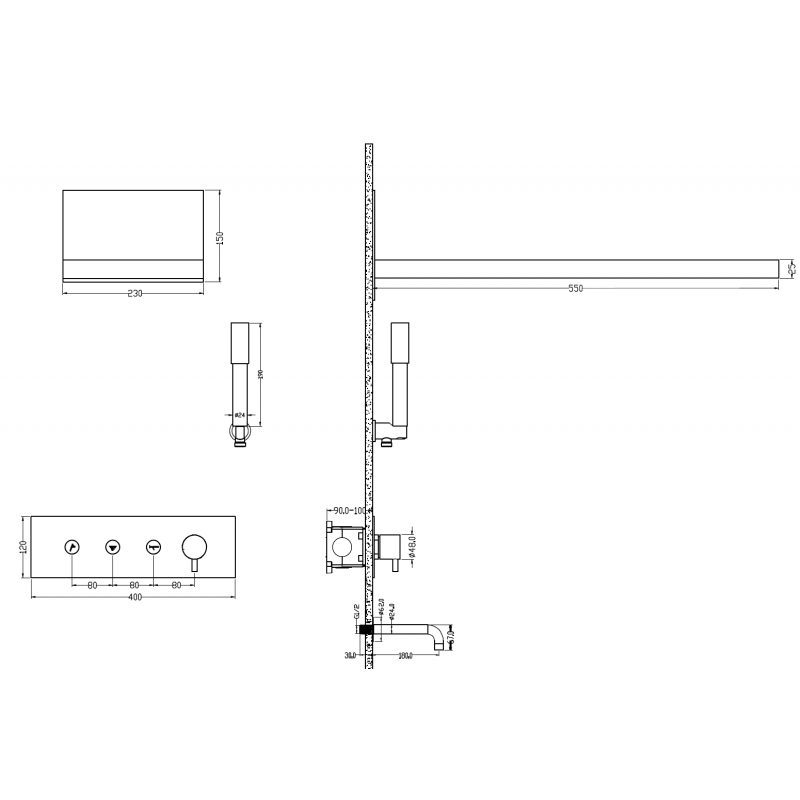 Встроенная душевая система Boheme FUSION 130-2-G, GOLD с изливом