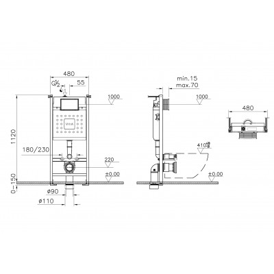 Инсталляция VitrA V-Fix Core 12см для унитаза с двурежимной панелью смыва Root R 3/6л, глянцевый хром, 800-1873