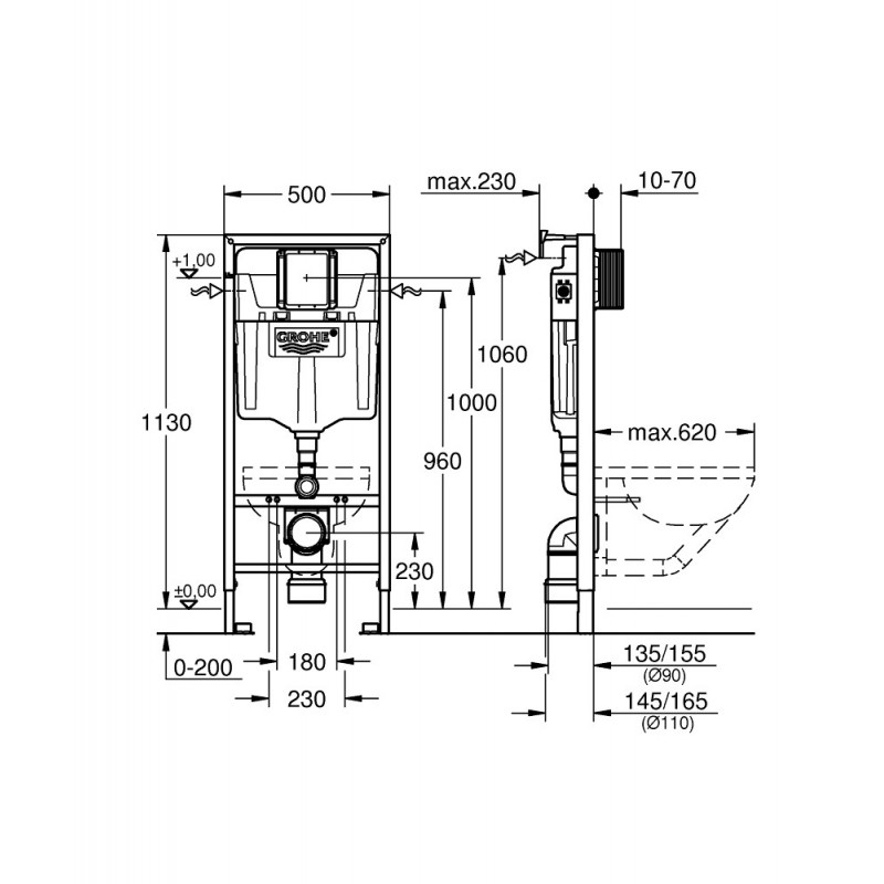 Инсталляция для подвесных унитазов 2в1 Grohe Rapid SL, высота 113см, с кронштейнами, 38536001
