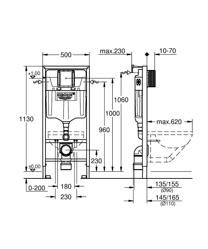 Инсталляция для подвесных унитазов 2в1 Grohe Rapid SL, высота 113см, с кронштейнами, 38536001