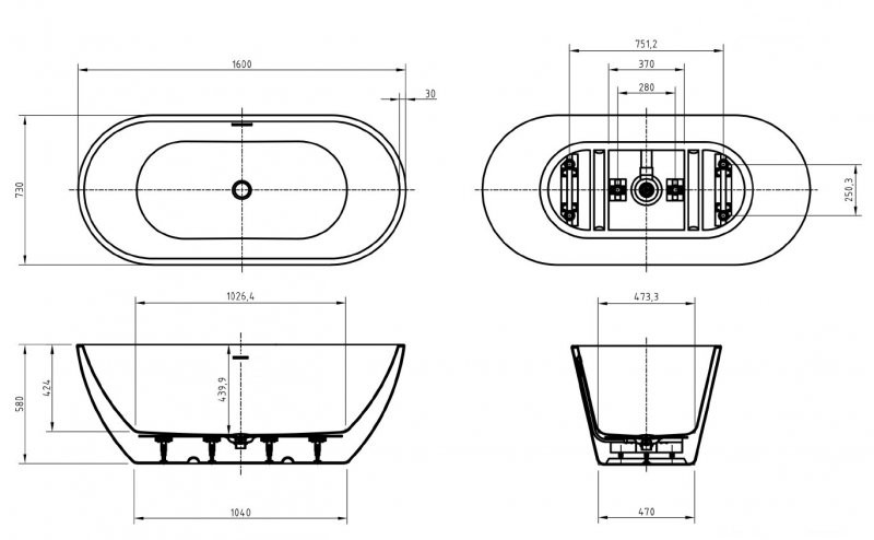 Акриловая ванна отдельностоящая белая 160x73см Belbagno Uno BB701-1600-730-K