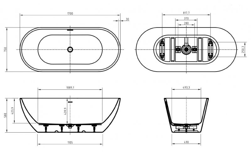 Акриловая ванна отдельностоящая белая 170x75см Belbagno Uno BB701-1700-750-K