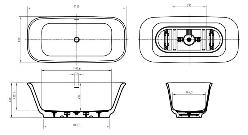Акриловая ванна отдельностоящая белая 170x80см Belbagno Due BB702-1700-800-K