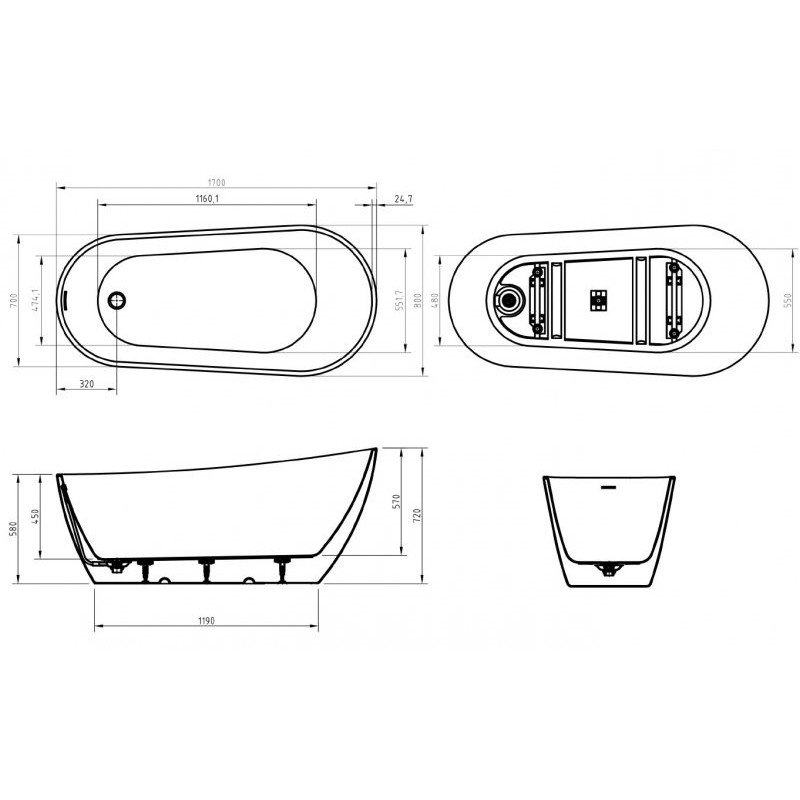 Акриловая ванна отдельностоящая белая 170x80см Belbagno BB704-1700-800-K