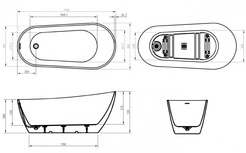 Акриловая ванна отдельностоящая белая 170x80см Belbagno BB704-1700-800-K