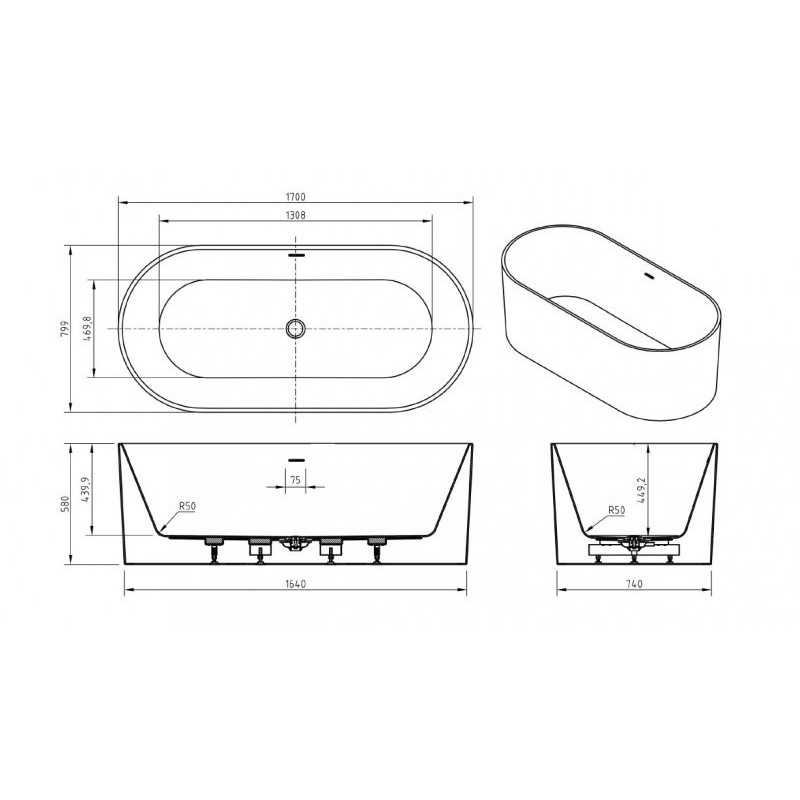 Акриловая ванна отдельностоящая белая 170x80см Belbagno BB705-1700-800