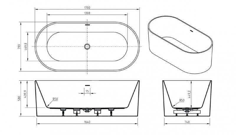 Акриловая ванна отдельностоящая белая 170x80см Belbagno BB705-1700-800