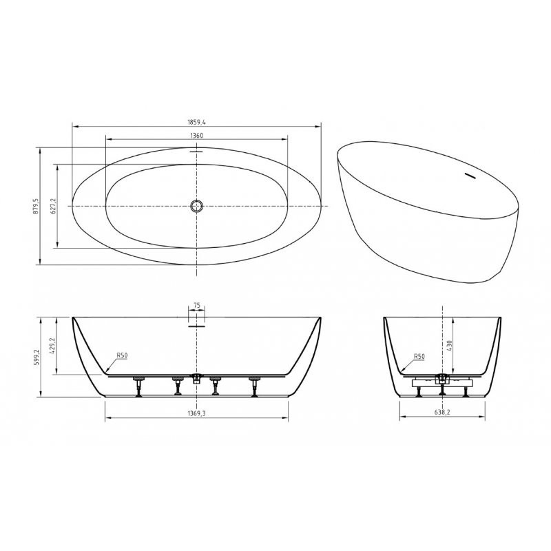 Акриловая ванна отдельностоящая белая 186x88см Belbagno BB707-1860-880