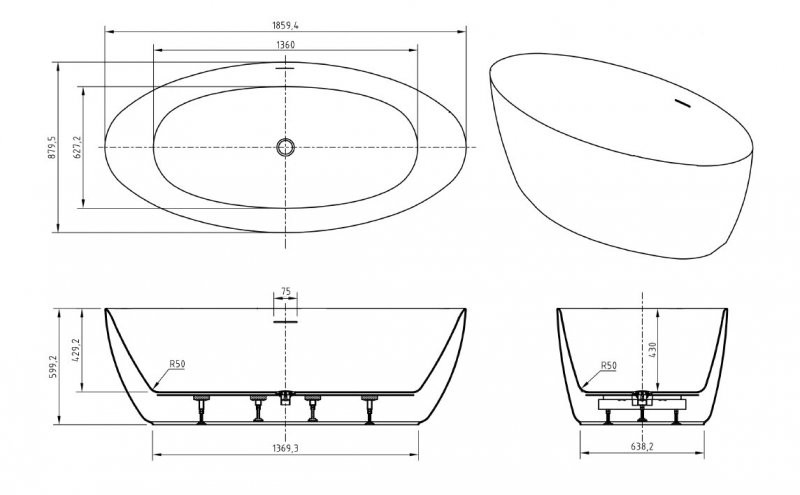 Акриловая ванна отдельностоящая белая 186x88см Belbagno BB707-1860-880