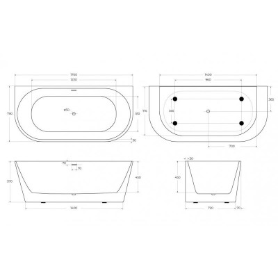 Акриловая ванна пристенная белая 170х80см Belbagno BB710-1700-800