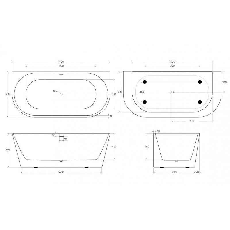 Акриловая ванна пристенная белая 170х80см Belbagno BB710-1700-800