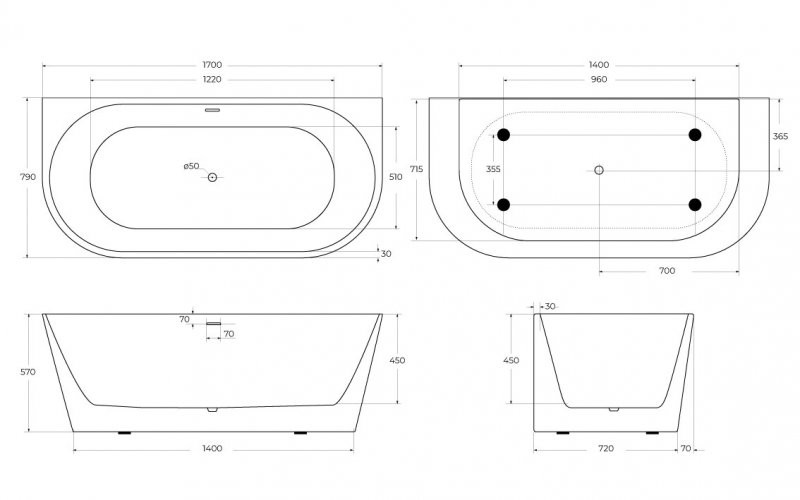 Акриловая ванна пристенная белая 170х80см Belbagno BB710-1700-800